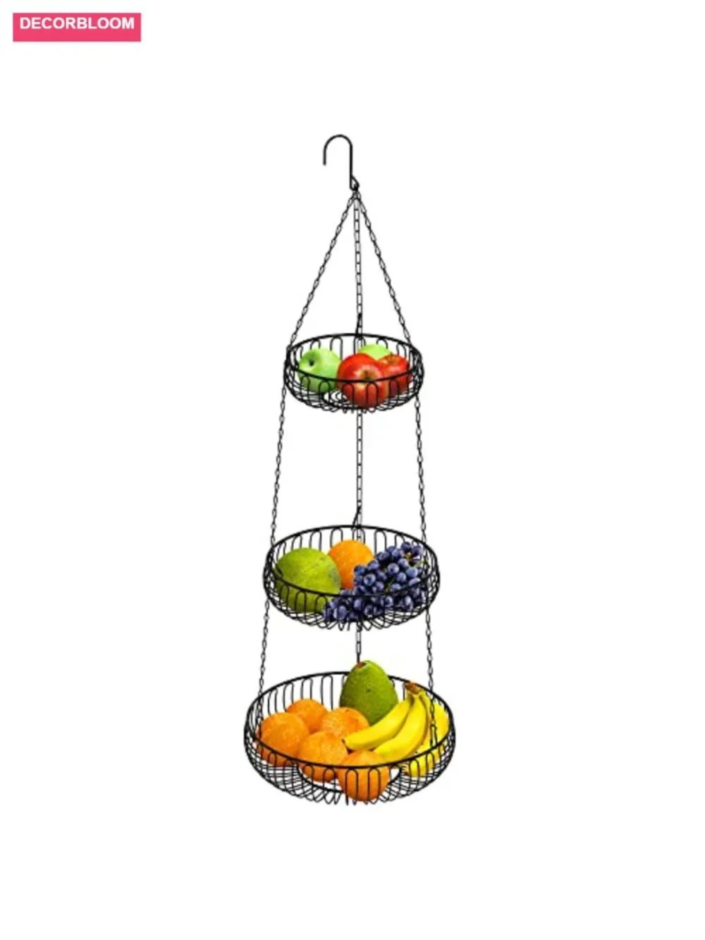 Adjustable Metal Hanging Fruit Basket Oblate Shape 3-Tier Kitchen Storage